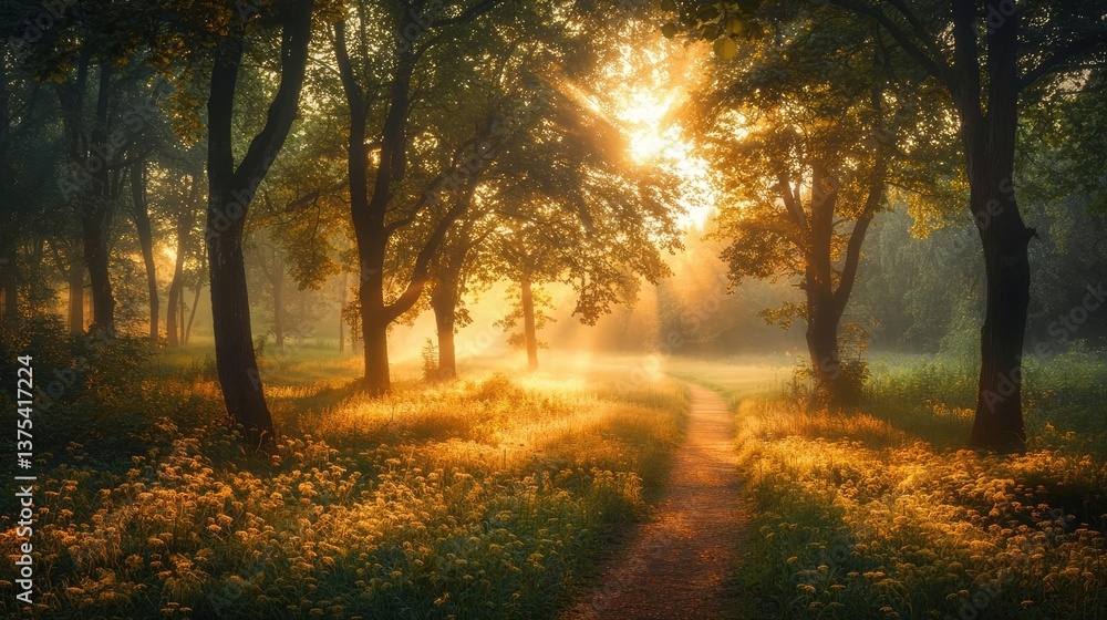 Poster forest at sunset rays illuminate serene pathway in twilight concept. a serene forest view illuminate