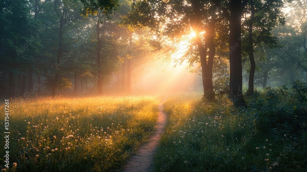 Poster forest at sunset rays illuminate serene pathway in twilight concept. a serene morning scene with sun
