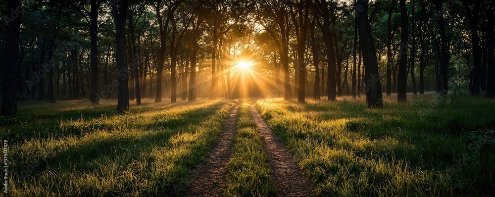 Poster forest at sunset rays illuminate serene pathway in twilight concept. a serene forest path illuminate
