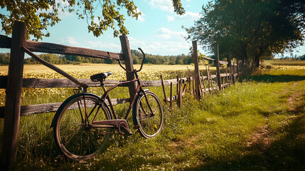 Fototapeta premium bicycle resting against a wooden fence in a rural area, surrounded by open fields and simple tools leaning against the fence 