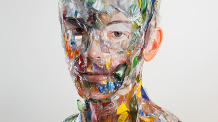 Individual with a face covered in colorful plastic waste in an art exhibit
