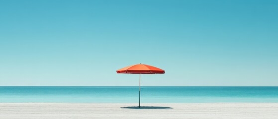 Bright Red Umbrella on Serene White Sandy Beach with Calm Turquoise Water and Clear Blue Sky