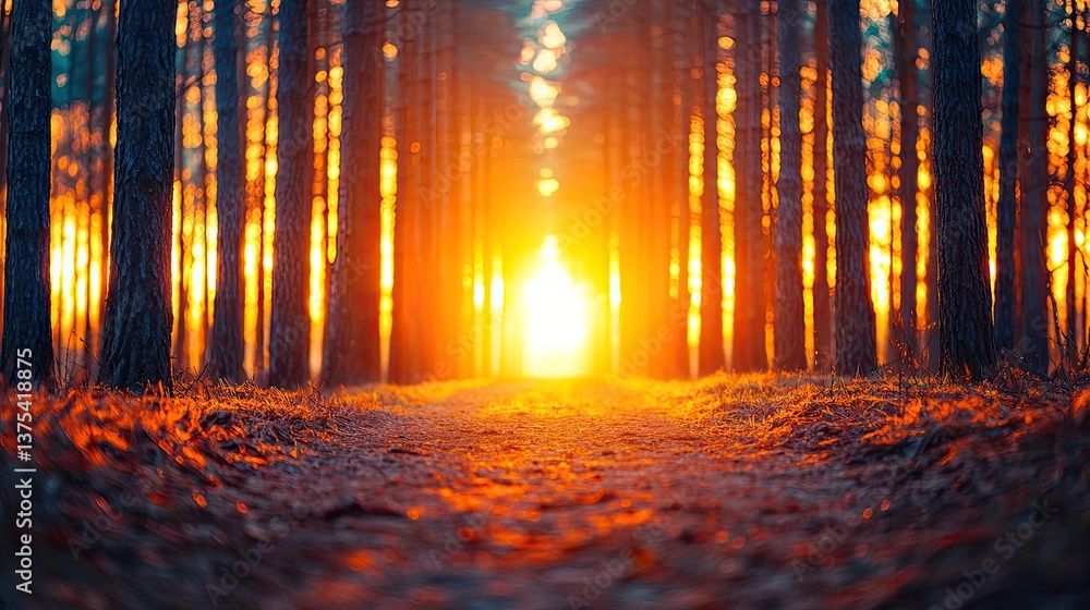 Poster forest at sunset rays illuminate serene pathway in twilight concept. a serene forest path illuminate