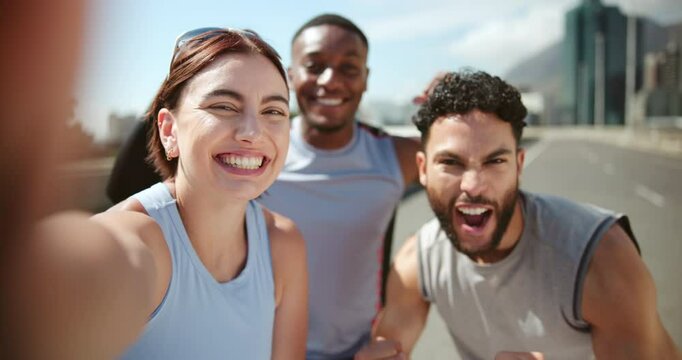 City, face and selfie of people for fitness, exercise and training for memory, social media and silly picture. Funny expression, friends and portrait of men and woman for wellness, health and workout