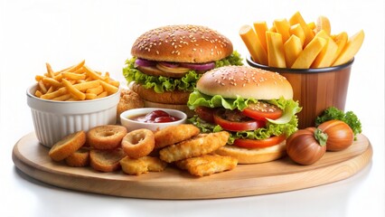 A delicious spread of fast food featuring burgers fries onion rings and dipping sauce on a wooden board