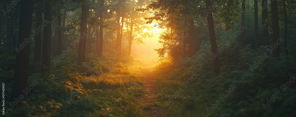 Poster forest at sunset rays illuminate serene pathway in twilight concept. serene forest path illuminated 