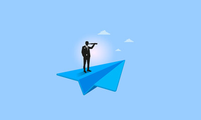 A businessman stands on a paper airplane and looks through a telescope. Business concept, vector image