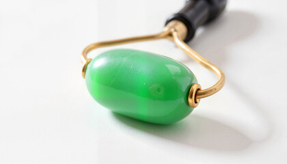 Green jade roller for facial care on a white background  