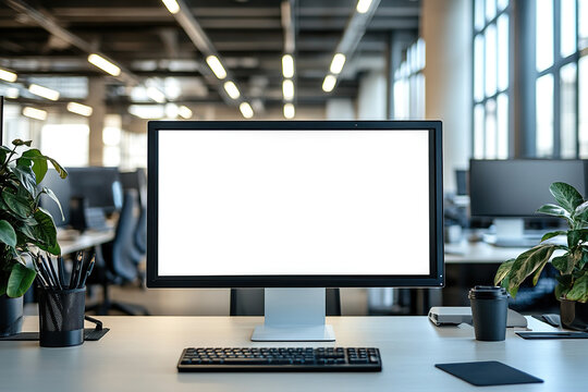 Modern office workspace with blank white computer screen on the table.