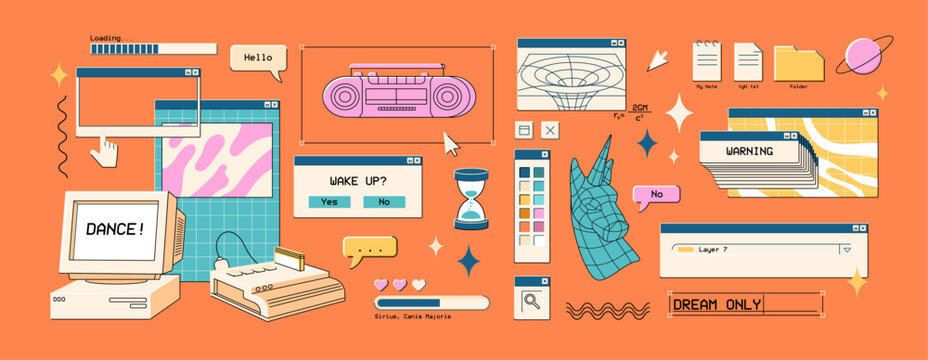Set of retro UI, vaporwave items of computer interface. Digital elements of software in kitsch style. y2k design of cursor, icons, messages, pop ups, frames, windows. Flat isolated vector illustration