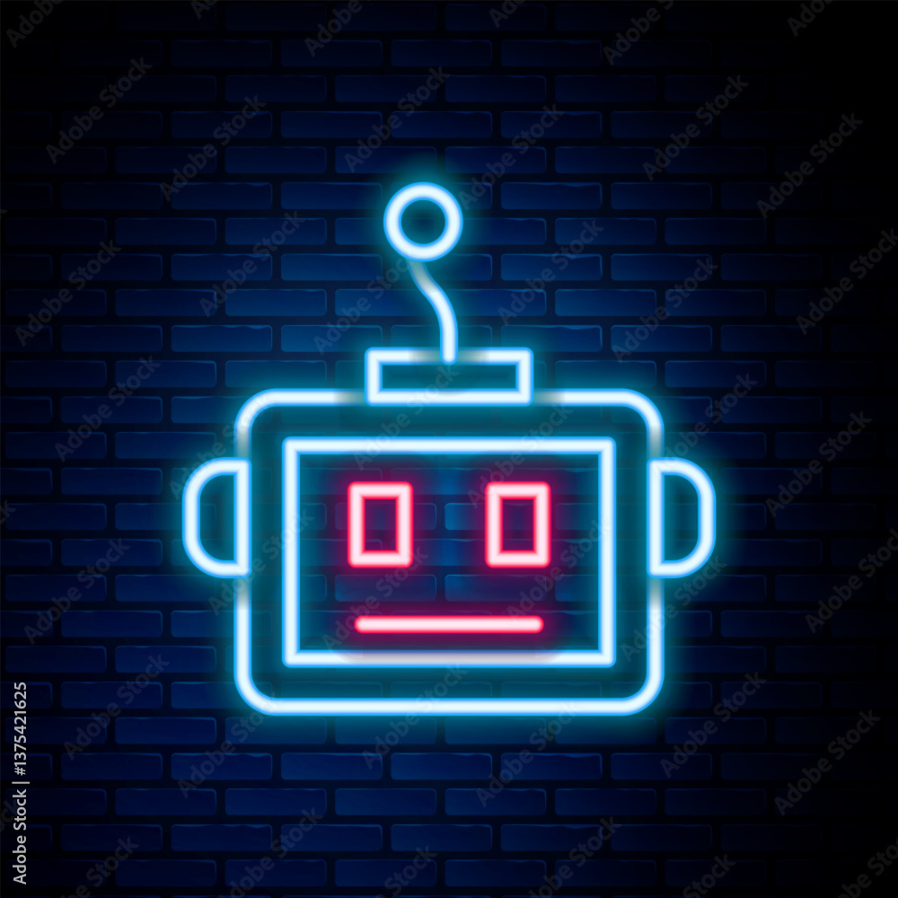 Poster glowing neon line artificial intelligence robot icon isolated on brick wall background. machine lear