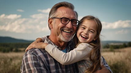 Obraz premium A joyful elderly Caucasian man and a young girl share a warm embrace, both laughing happily in a sunny field.