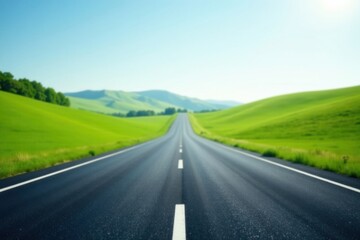 Fototapeta premium Asphalt Road Leading Through Rolling Green Hills Under a Bright Sunny Sky A Journey of Endless Possibilities