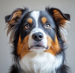 Fototapeta premium Hyper-realistic Australian Shepherd Dog Portrait with Detailed Fur and Glossy Eyes on White Background