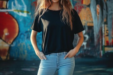 Obraz premium Casual black oversized t-shirt and light blue jeans model posing in street style over urban graffiti wall
