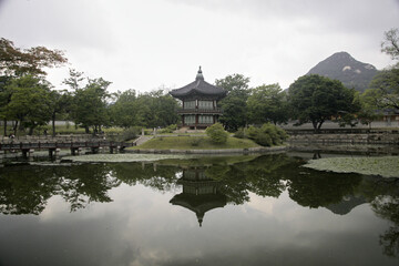 Fototapeta premium Changdeokgung Palace and Secret Garden (Huwon), UNESCO Heritage Site, Seoul, Korea, Geunjeongjeon Hall in Gyeongbokgung Palace, South Korea, 한국 서울 경복궁 근정전 정면 사진 서울 창덕궁 인정전과 후원 (비원) 유네스코 세계문화유산