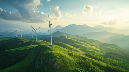 Serene Landscape with Wind Turbines and Lush Green Hills