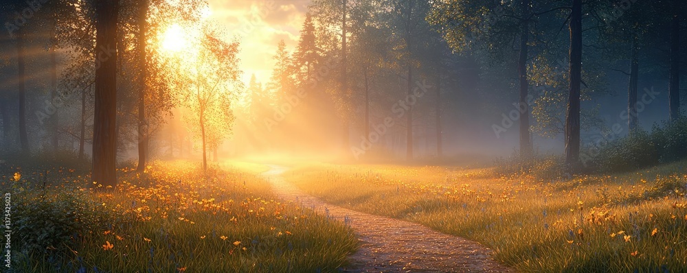 Poster forest at sunset rays illuminate serene pathway in twilight concept. serene forest path illuminated 