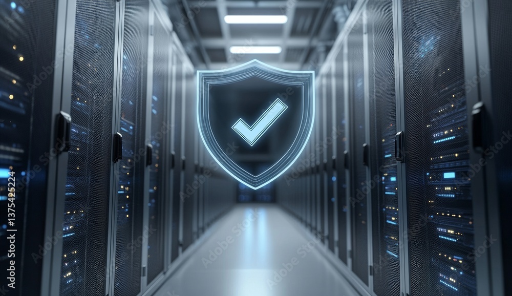 Poster a computer server room with a large blue shield with a check mark on it