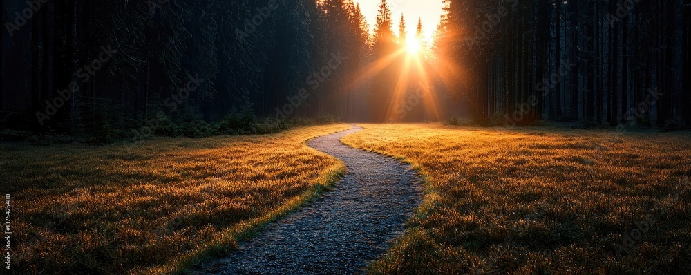 Aufkleber forest at sunset rays illuminate serene pathway in twilight concept. a serene path through a forest 