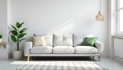 Cozy modern living room with white sofa and natural light