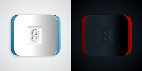 Paper cut Stop media button icon isolated on grey and black background. Paper art style. Vector