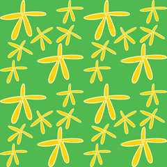 Seamless pattern with yellow flowers on a green background. Vector illustration