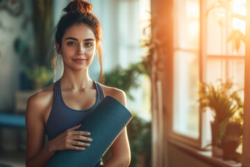 Beautiful Indian woman in her 30s standing with yoga mat in spacious room and smiling