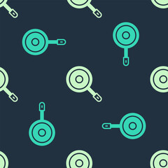 Green and beige Frying pan icon isolated seamless pattern on blue background. Fry or roast food symbol. Vector