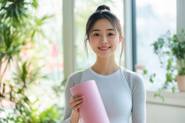 Beautiful Chinese woman in her 30s standing with yoga mat in spacious room and smiling