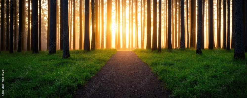 Poster forest at sunset rays illuminate serene pathway in twilight concept. a tranquil forest path leading 