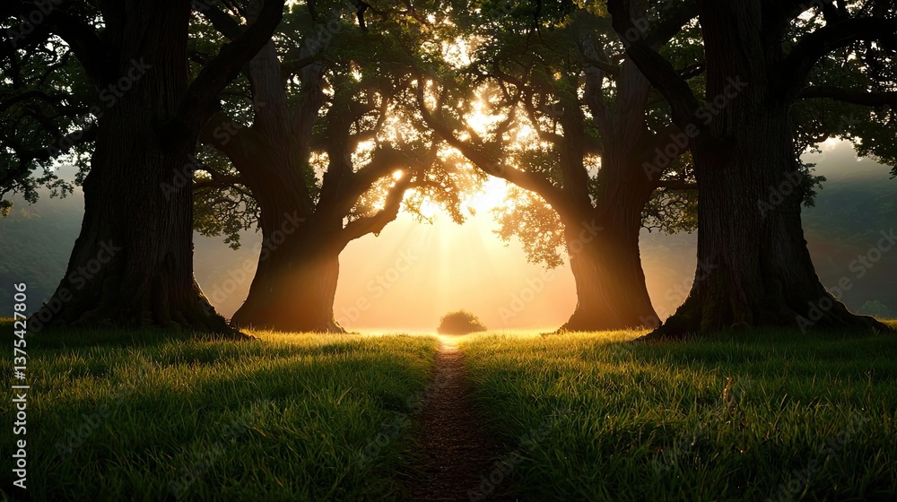 Poster forest at sunset rays illuminate serene pathway in twilight concept. sunlight filtering through larg