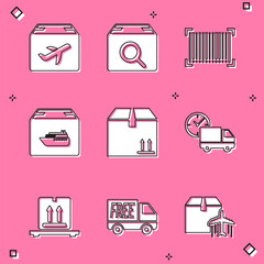 Set Plane and cardboard box, Search package, Barcode, Cargo ship with boxes, Cardboard traffic, Delivery truck clock, on pallet and Free delivery service icon. Vector