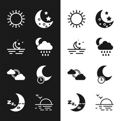 Set Cloud with rain and moon, Moon stars, Sun, cloud weather, Sleeping, Sunset and icon icon. Vector © vector_v