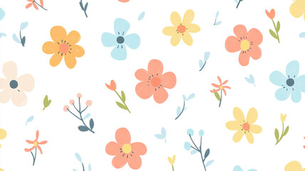 Simple and cute cartoon flower pattern, with colorful pastel colors on a white background. Minimalist in style, featuring simple line art and flat illustration.