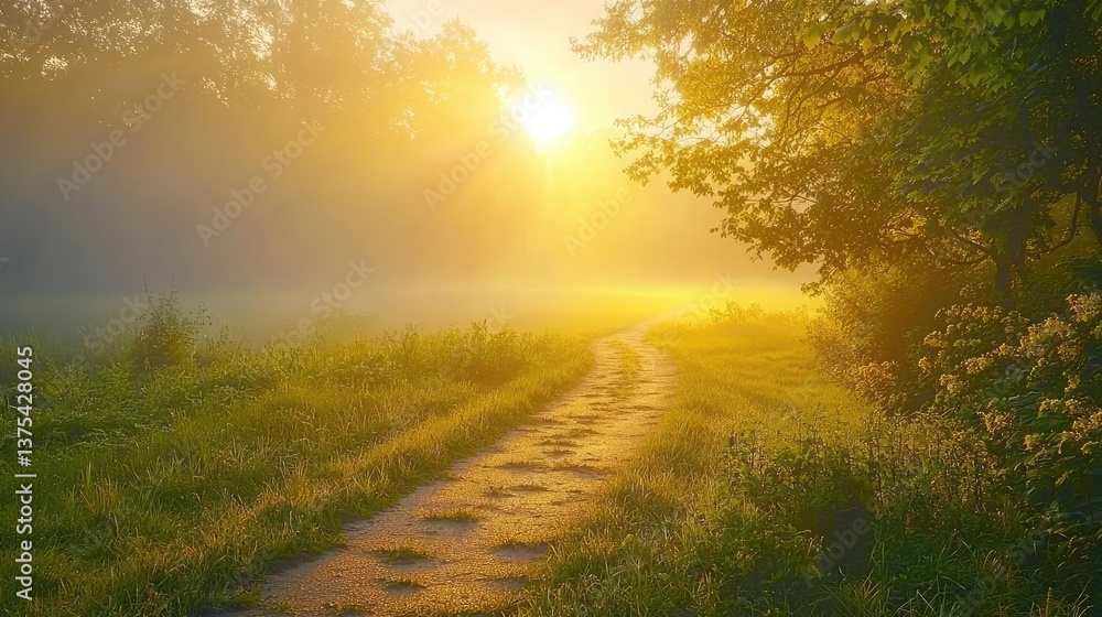 Poster forest at sunset rays illuminate serene pathway in twilight concept. serene morning light breaks thr