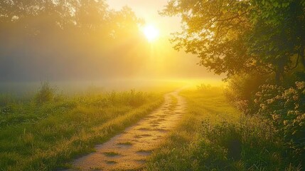 Forest at sunset rays illuminate serene pathway in twilight concept. Serene morning light breaks through misty trees and path.