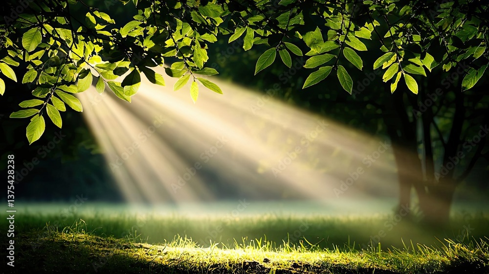 Poster forest at sunset rays illuminate serene pathway in twilight concept. sunlight filters through lush g