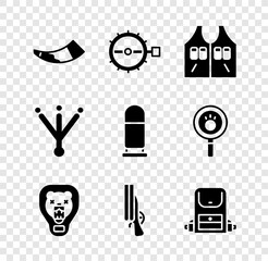 Set Hunting horn, Trap hunting, jacket, Bear head on shield, Shotgun, Hiking backpack, Bird footprint and Bullet icon. Vector