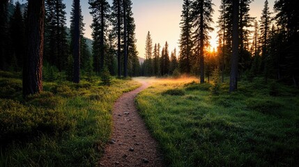 Fototapeta premium Forest at sunset rays illuminate serene pathway in twilight concept. Serene forest path at sunrise, surrounded by tall pine trees.