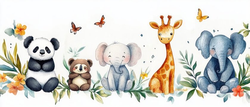 Whimsical Watercolor Animals Panda Elephant Giraffe Koala Sloth Collection