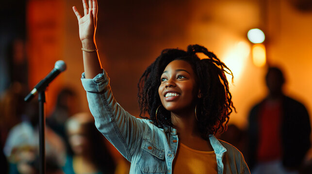 Young African American girl participating actively in a classroom discussion while raising her hand - Powered by Adobe