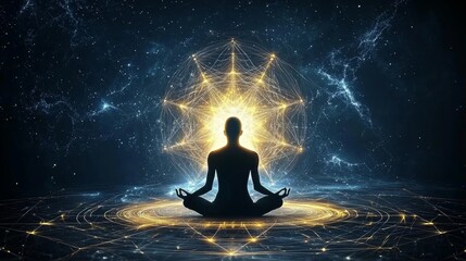 Obraz premium Exploring the Depths of Existence Through Surreal Spiritual Meditation Art Featuring a Person in Lotus Position with a Glowing Mandala