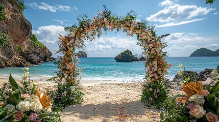 Charming beach wedding featuring a floral arch surrounded by ocean waves creating a dreamy atmosphere