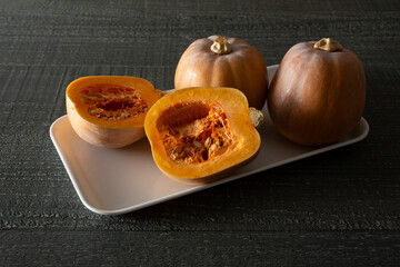 A view of some halved honeynut squash.