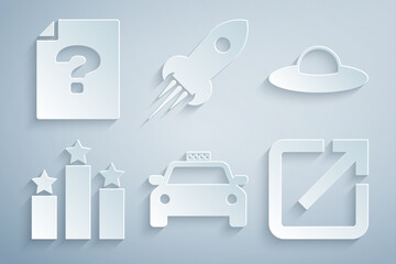 Set Taxi car, UFO flying spaceship, Ranking star, Open new window, Rocket with fire and Unknown document icon. Vector