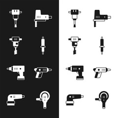 Set Soldering iron, Electrical hand concrete mixer, Construction jackhammer, jigsaw, cordless screwdriver, Angle grinder and sander icon. Vector