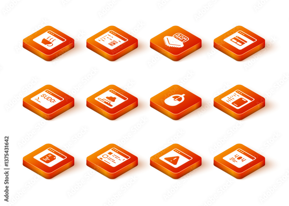 Poster set software, browser files, code terminal, cloud technology data transfer, with exclamation mark, c