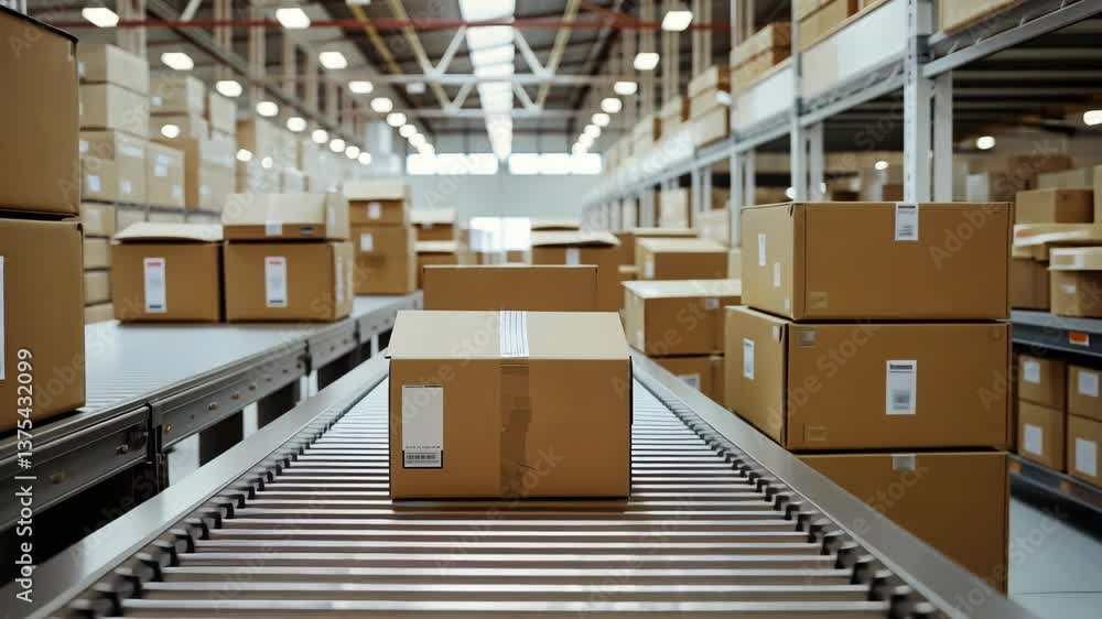 Poster observing packages being sorted and transported on a conveyor system in a bustling warehouse filled 
