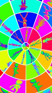 Seamless loopable vertical video  animation of a rainbow grid of scenes of terror alien dancing
